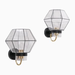 Mid-Century Glass and Brass Wall Lights, Set of 2