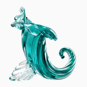 Vintage Teal Murano Glass Cornucopia Vase attributed to Archimede Seguso, Italy, 1950s