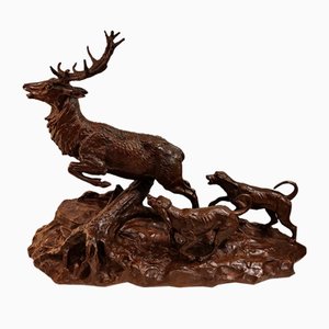 Pierre Albert Laplanche, Deer with Dogs, Large Bronze, 19th Century