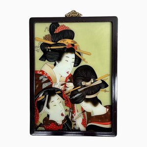 Ukiyo-E Reverse Glass Painting of Geisha Makeup Ritual, Early Shōwa Era