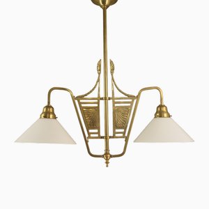 French Chandelier in Brass with Opal Glass Shade, 1890s