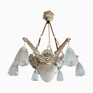 Large Art Deco Chandelier in Chromed Metal and Depowed Glass, 1930s