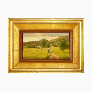 Silvio Poma, Mountain Landscape with Footpath, 1800s, Oil on Board, Framed
