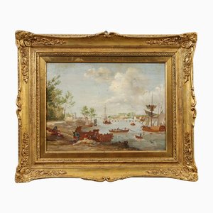 Artista de escuela francesa, Escenografía portuaria con barcos, década de 1800, óleo sobre cobre