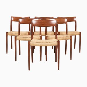 Mid-Century Danish Chairs Model 77 in Teak and Paper Cord attributed to Niels Otto Møller, Set of 6