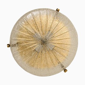 Gold, Clear Brass and Textured Glass Flush Mount attributed to Hillebrand, 1960s