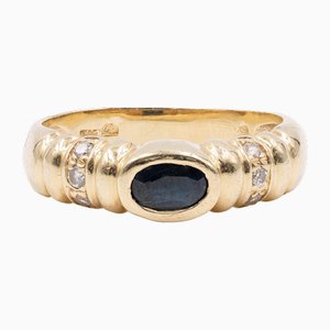 14 Karat Yellow Gold Ring with Sapphire and White Stones, 1970s