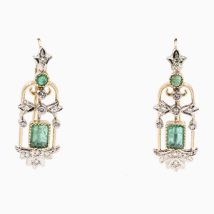 18 Karat Yellow Gold Earrings with Emeralds and Diamonds, 1960s, Set of 2