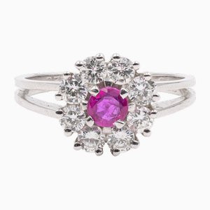 18 Karat White Gold Daisy Ring with Central Ruby and Diamonds, 1960s