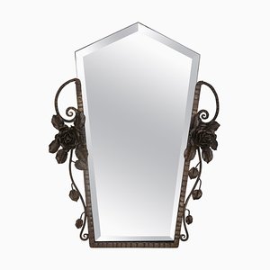French Art Deco Beveled Wall Mirror with Wrought Iron Frame Roses, 1930s
