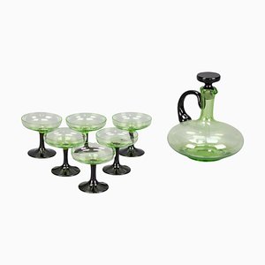 Mid-Century Modern Green and Black Glass Decanter and Glasses, 1950s, Set of 7