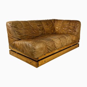 Mid-Century Cognac Leather Lounge Sofa in Oak, 1970s