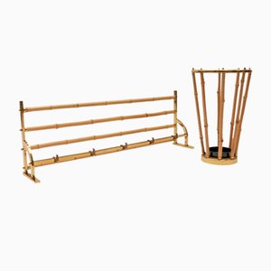 Brass and Bamboo Coat Rack and Umbrella Stand, Italy, 1950s, Set of 2