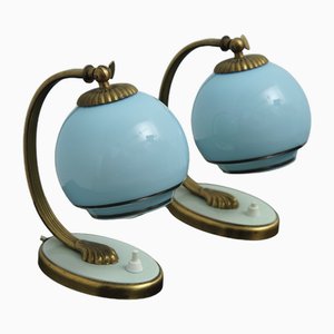 Lámparas de mesita de noche con patas de bronce y vidrio azul. Juego de 2