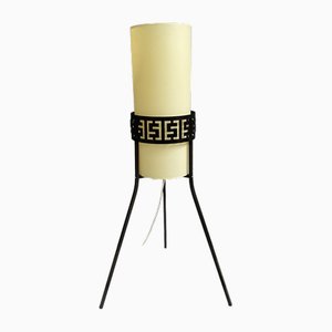Lámpara de pie trípode con marco de metal negro y pantalla blanca, años 60