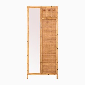 Bamboo & Rush Wall Hanger with Mirror, Italy, 1970s