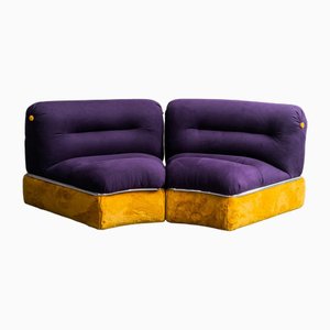 Metal and Violet and Yellow Fabric Lounge Chairs, 1970s, Set of 2