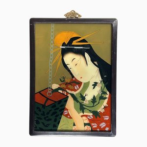 Pintura de vidrio inverso Ukiyo-e de Ikebana, era Shōwa