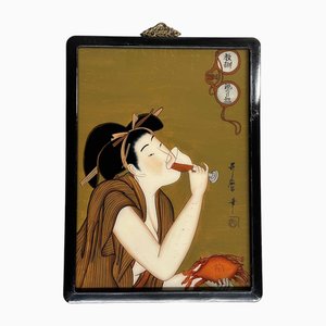 Pittura su vetro rovesciata Ukiyo-e di un bevitore di vino, epoca Shōwa