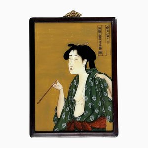 Peinture sur Verre Ukiyo-e Revers de Fumeur d'Opium, Époque Shōwa