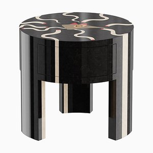 Birds Bedside Table with Surrealist Figures in Wood Marquetry Black by HOMMÉS Studio