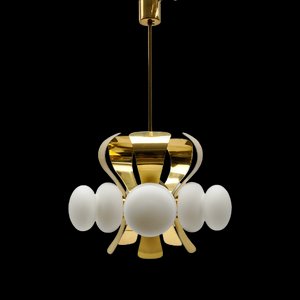 Lámpara Orbit Mid-Century moderna de cinco brazos de oro y vidrio opalino, años 60