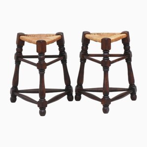 French Provincial Triangular Rush Seat Tabouret Stools, 1950s, Set of 2