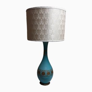 Large Vintage Blue and Green Table Lamp with White Fabric Shade, 1970s