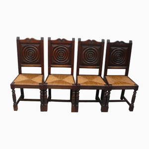 4 antike Esszimmerstühle, dunkles Holz, Sitzfläche aus Korbgeflecht, handgefertigt, Jugendstil, 1890er, 4er Set