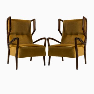 Set of Wingback Armchairs in Poplar and Mohair by Orlando Orlandi, Italy, 1950s