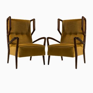 Wingback Armchairs in Poplar and Mohair by Orlando Orlandi, Italy, 1950s, Set of 2