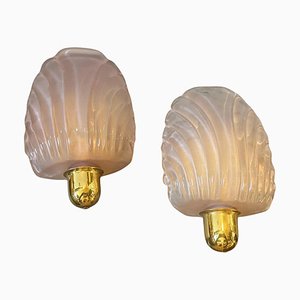 Mid-Century Modern Brass and Shell Shaped Pink Murano Glass Wall Sconces, 1980s, Set of 2