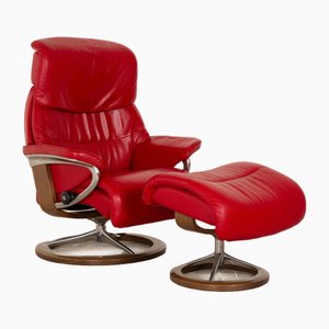 Capri Sessel aus rotem Leder mit Fußhocker von Stressless, 2 . Set