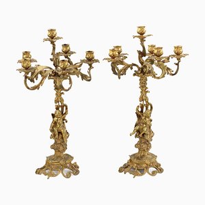Candelabros de bronce dorado, siglo XIX. Juego de 2