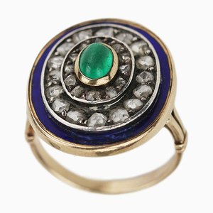 Gold Ring with 585 Enamel, Diamonds and Emeralds