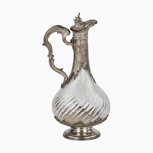 French Louis XV Style Fluted Wine Jug in Glass and Silver, Late 19th Century