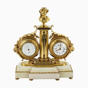 Tabletop Clock, Thermometer and Barometer in White Marble and Gilded Bronze, 19th Century