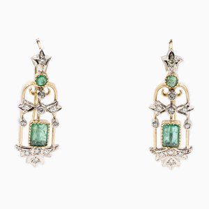 Vintage 18k Yellow Gold Earrings with Emeralds and Diamonds, 1960s