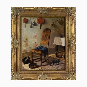 Artista escolar alemán, interior de cocina con gato, siglo XIX, óleo sobre lienzo