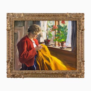 Sam Uhrdin, Sewing by the Window, 1920er, Öl auf Leinwand