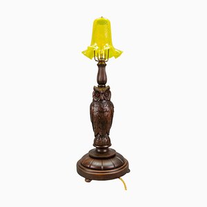 Art Deco Table Lamp with Owl Sculpture and Yellow Glass Lampshade, 1920s