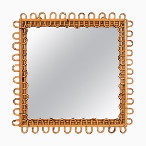 Mid-Century Rattan and Bamboo Squared Wall Mirror, Italy, 1960s