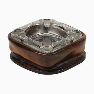 Mid-Century Square Ashtray in Leather and Glass in the style of Jacques Adnet, Italy, 1970s