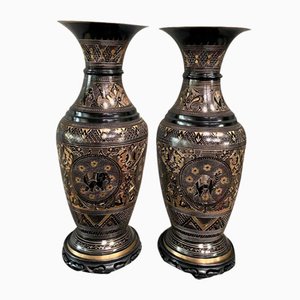 Large Black and Gold Etched Brass Vases, Set of 2