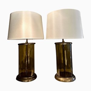 Large Glass and Patinated Brass Table Lamps, 1980s, Set of 2