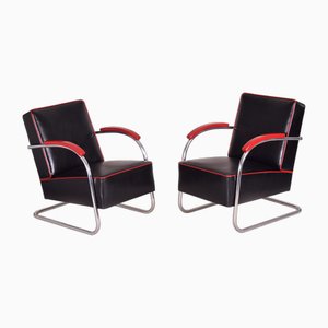 Czech Black Leather and Tubular Steel Cantilever Armchairs from Mücke Melder, 1930s, Set of 2
