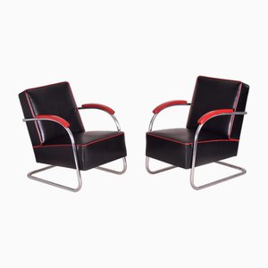 Set of Czech Black Leather and Tubular Steel Cantilever Armchairs from Mücke Melder, 1930s