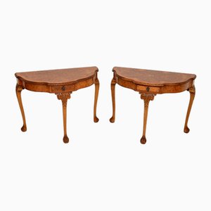 Vintage Queen Anne Style Burr Walnut Console Tables, 1930s, Set of 2