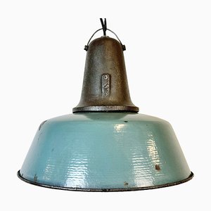Large Industrial Petrol Enamel Factory Lamp with Cast Iron Top, 1960s