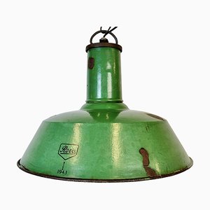 Grande Lampe à Suspension d'Usine Industrielle en Émail Vert de Revo, 1940s